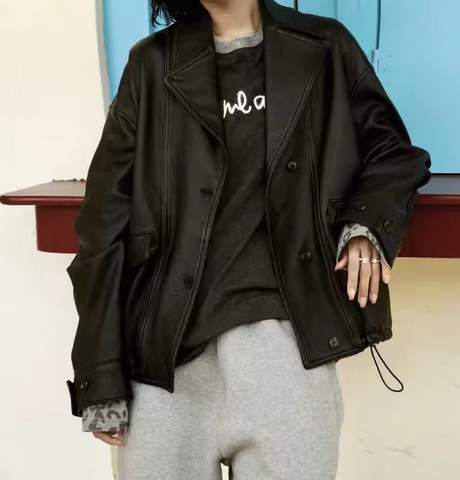 Women's genuine leather coat - Classic Black Color Combination Notched Lapel Spliced Shee | Unidekuaidi