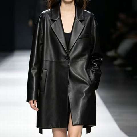 Women's genuine leather coat - Garment Wrinkle-free Treatment Black Full Length Notched C | Unidekuaidi