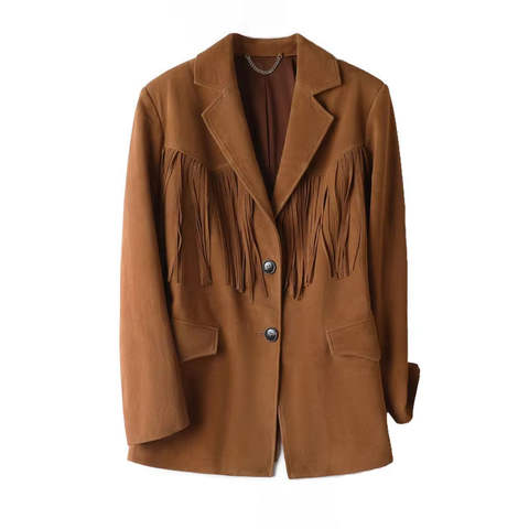 Women's genuine leather coat - New Trendy Leather Suits Single Breasted Pocket Tassels De | Unidekuaidi