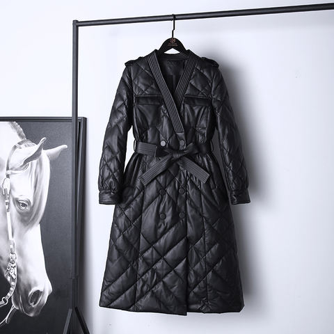 Women's genuine leather coat - V-neck Tie Waist Genuine Leather Sheepskin Checkered 90 Wh | Unidekuaidi