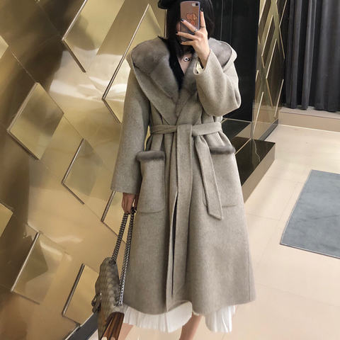 Women's genuine leather coat - Women Luxury Mink Fur Collar Belt Elegant Cashmere Trench | Unidekuaidi