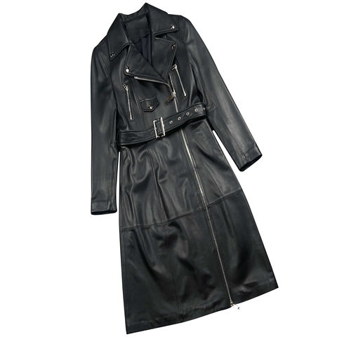 Women's genuine leather coat - Fashion Long Zipper Pocket Motorcycle Style Genuine Leathe | Unidekuaidi