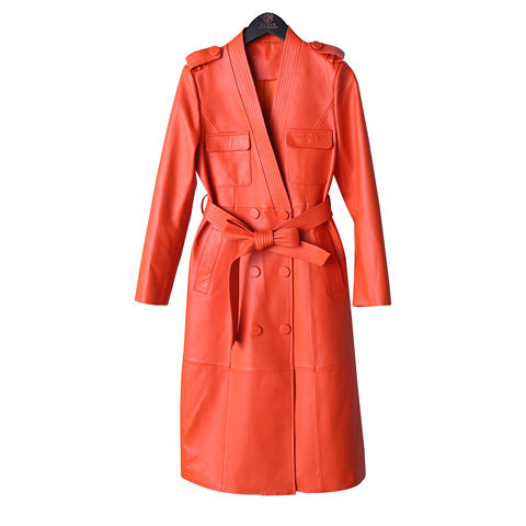 Women's genuine leather coat - New Fashion V-neck Double-breasted Belt Strap Trim Genuine | Unidekuaidi