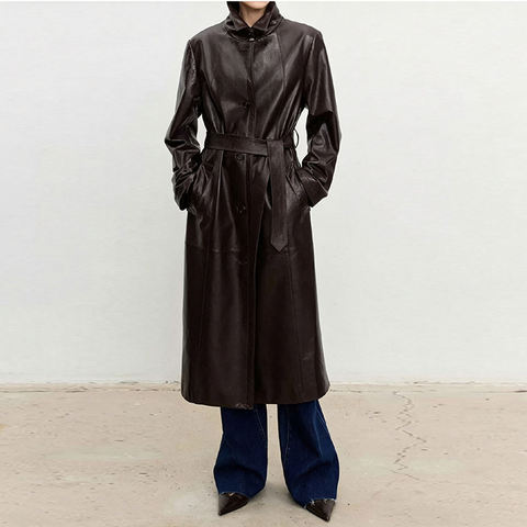 Women's genuine leather coat - HN000004 Women's Slim Fit Belted Waist Long Leather Overco | Unidekuaidi