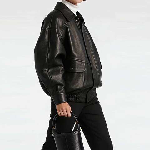 Women's genuine leather coat - HN000001 Spliced Detail European Style Women's Loose Splic | Unidekuaidi