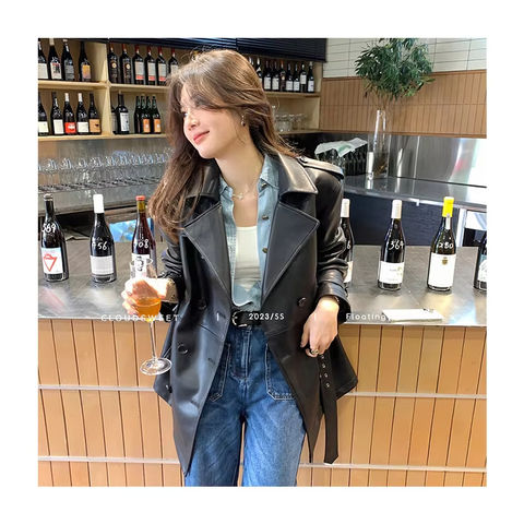 Women's genuine leather coat - Wholesale in Stock Korean Style Solid Color Double Breaste | Unidekuaidi