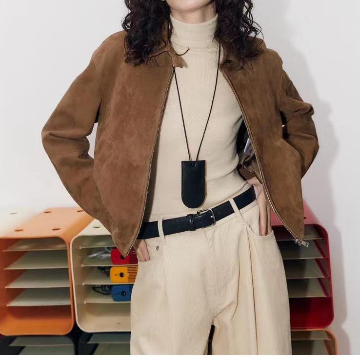 Women's genuine leather coat - Fashion Women Vintage Brown Suede Lapel Bomber Jacket Goat | Unidekuaidi