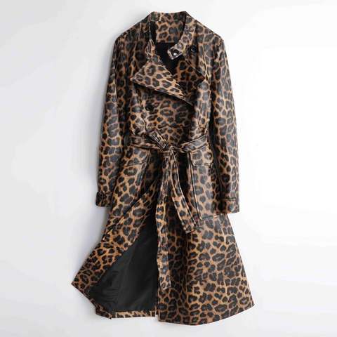 Women's genuine leather coat - Fashionable Oversized Leopard Print Real Long Length Doubl | Unidekuaidi