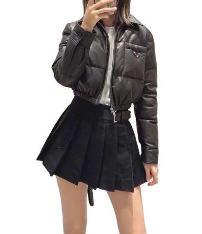 Women's genuine leather coat - Fashion Design Black Short Style Lapel Elastic Waist Leath | Unidekuaidi