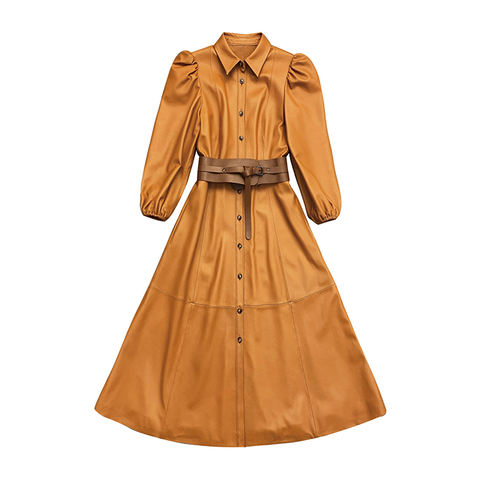Women's genuine leather coat - Puff Sleeve Oversized Swing Shirt Dress Sheepskin Trend Dr | Unidekuaidi