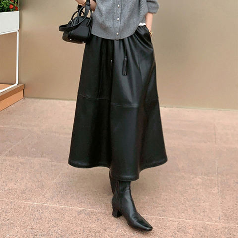 Women's genuine leather dress - Sheepskin Black Half Body High Waist Long Dress for Women | Unidekuaidi