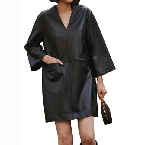 Women's genuine leather dress - New Design Custom V Neck Loose Long Sleeve Black Leather M | Unidekuaidi