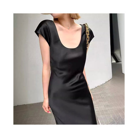 Women's genuine leather dress - High Quality Short Sleeves High Waist Elegant Black Satin | Unidekuaidi