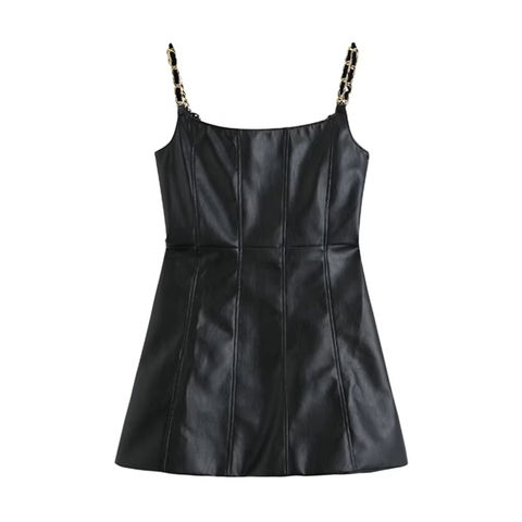 Women's genuine leather dress - Factory Price Wholesale U Neck Sleeveless Short Sexy Black | Unidekuaidi