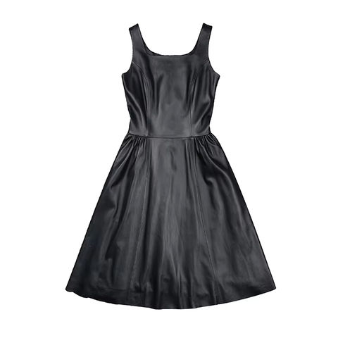 Women's genuine leather dress - New Fashion Lambskin Jumper Skirts Black Midi Dress Luxury | Unidekuaidi