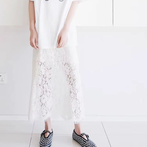 Women's genuine leather dress - Summer Dresses 2025 White Cotton Lace Midi Skirt Elastic W | Unidekuaidi