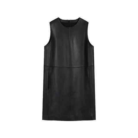 Women's genuine leather dress - Spring Autumn Fashionable O Neck Straight Style Short Blac | Unidekuaidi