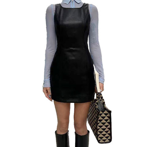 Women's genuine leather dress - New Design Round Neck Slim Short Black Leather Dress for W | Unidekuaidi