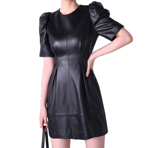 Women's genuine leather dress - New 2026 Lambskin Sweet Puff Sleeves Sheath Dress Genuine | Unidekuaidi
