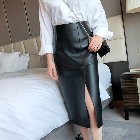 Women's genuine leather dress - Fashion Simple Straight High Split Sheepskin Long Skirt Wo | Unidekuaidi