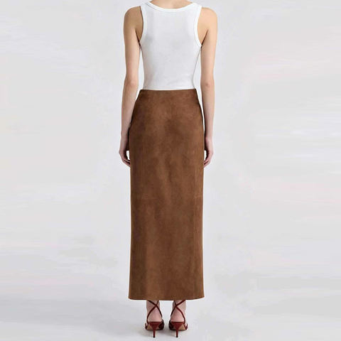 Women's genuine leather dress - HN6358 Light Coffee Suede Sheepskin Long Dress Split Desig | Unidekuaidi