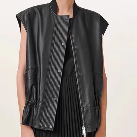 Women's genuine leather jacket - Hot Selling 2025 Leather Zipper Vest Drawstring Knitted Co | Unidekuaidi