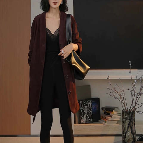 Women's genuine leather jacket - Goatskin Suede Single Breasted Lace up Minimalist Mid Leng | Unidekuaidi