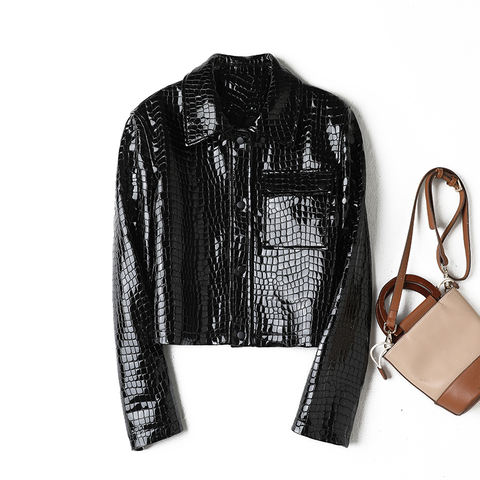 Women's genuine leather jacket - New Fashion Black Lapel Long Sleeves Genuine Sheep Leather | Unidekuaidi