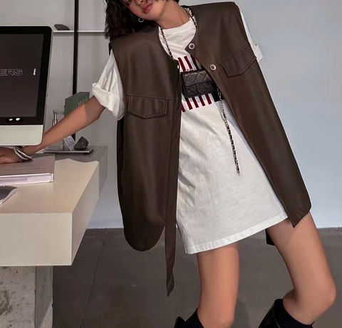 Women's genuine leather jacket - New Design Sleeveless Leather Jacket Single Breasted Loose | Unidekuaidi