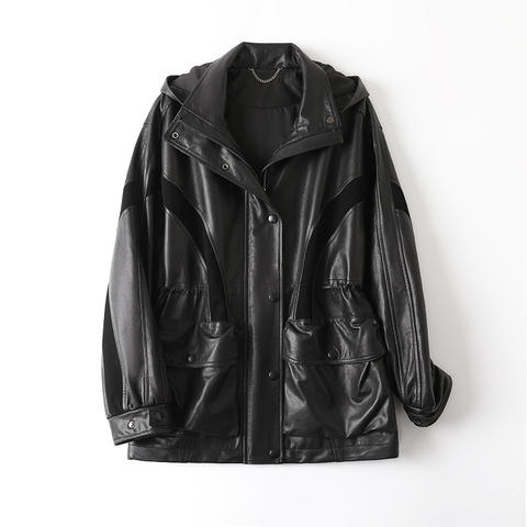 Women's genuine leather jacket - HN6143 2026 Spring Women's Oversized Hooded Vegetable-Tann | Unidekuaidi