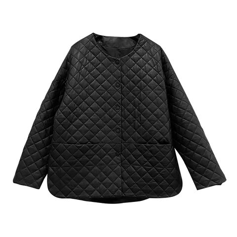Women's genuine leather jacket - Profiled Checked Cotton Round Collar Single Breasted Genui | Unidekuaidi