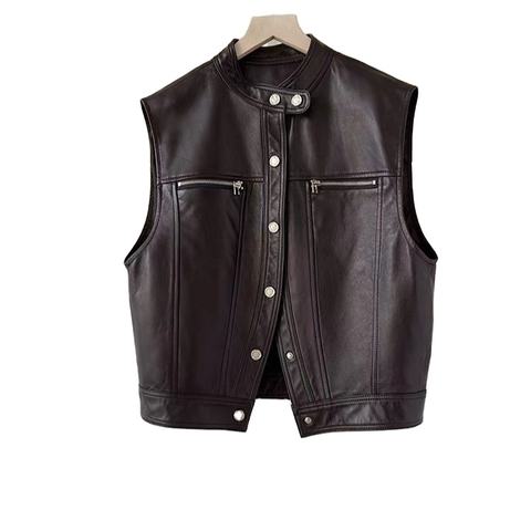 Women's genuine leather jacket - Custom New Trendy Stand Collar Covered Button Black Sleeve | Unidekuaidi