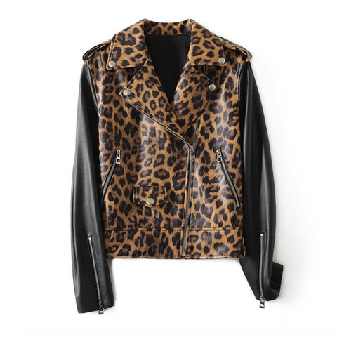 Women's genuine leather jacket - Sheepskin Genuine Leather Spliced Leopard Print Lapel Zip | Unidekuaidi