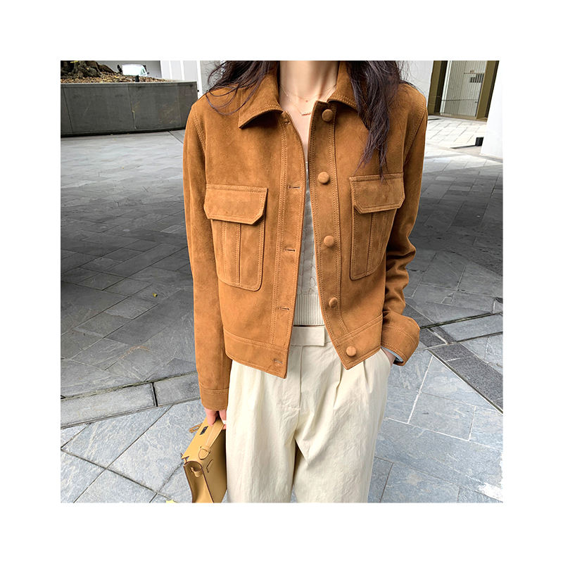 Women's genuine leather jacket - Custom Logo Single Breasted Pocket Lapel Plain Sheep Suede | Unidekuaidi