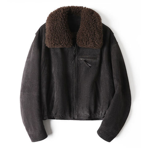 Women's genuine leather jacket - Removable Lamb Fur Collar Motorcycle Goose Down Sheepskin | Unidekuaidi