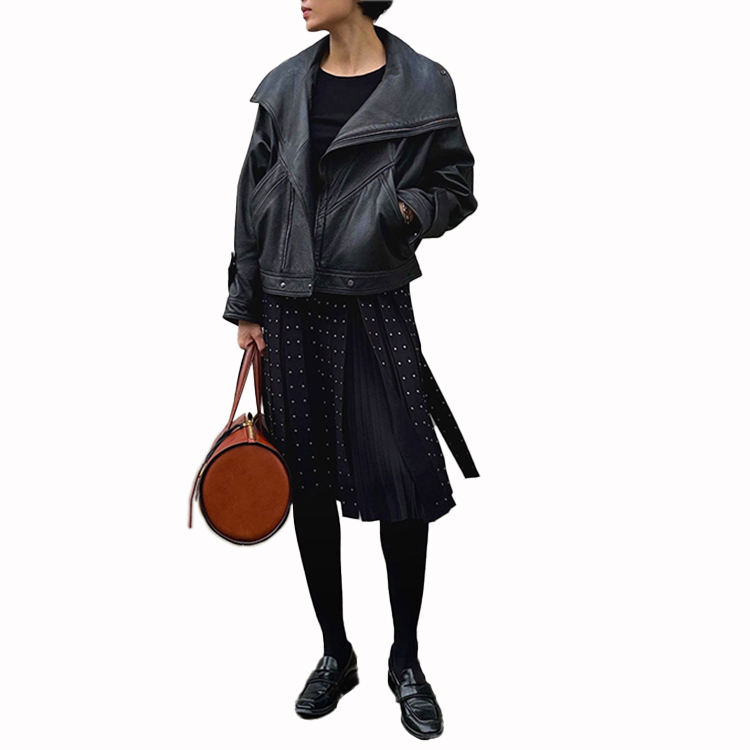 Women's genuine leather jacket - Good Quality Lapel Batwing Sleeves Black Vintage Women's M | Unidekuaidi