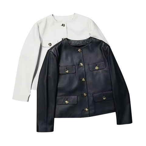 Women's genuine leather jacket - Fashion Casual Button Jacket With Large Pocket and Round C | Unidekuaidi