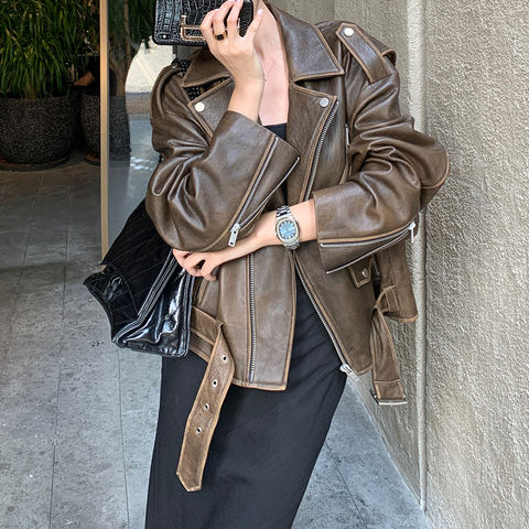 Women's genuine leather jacket - High Quality European Style Long Sleeves Loose Vintage Bro | Unidekuaidi