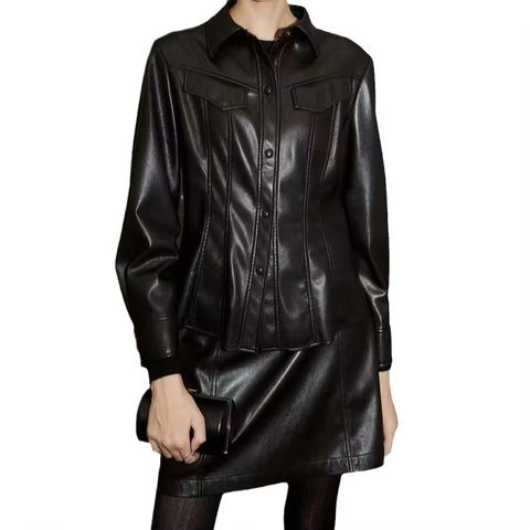 Women's genuine leather jacket - High Quality Fashion Classic Collar Covered Button Black L | Unidekuaidi