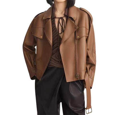 Women's genuine leather jacket - Motorcycle Leather Jacket Women's Short Brown Black Sheep | Unidekuaidi