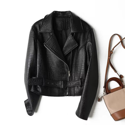 Women's genuine leather jacket - Custom Street Style Luxury Design Crocodile Grain Zipper L | Unidekuaidi