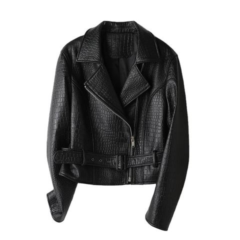 Women's genuine leather jacket - Spring Autumn Solid Color Turn Down Collar Long Sleeves La | Unidekuaidi
