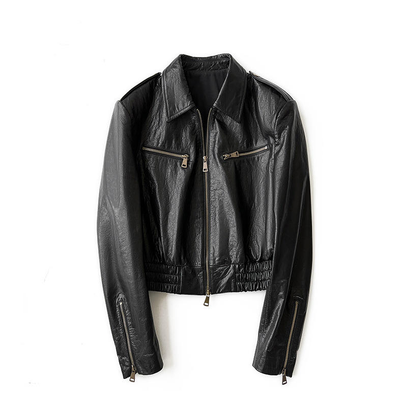 Women's genuine leather jacket - Custom Logo Latest Design Full Sleeve Black Genuine Leathe | Unidekuaidi
