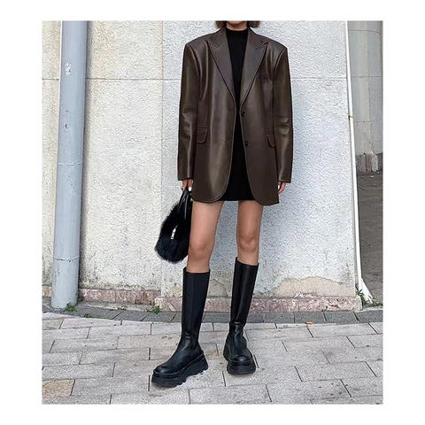 Women's genuine leather jacket - Fashion 4101 Ladies Leather Jacket Solid Color Pocket Casu | Unidekuaidi