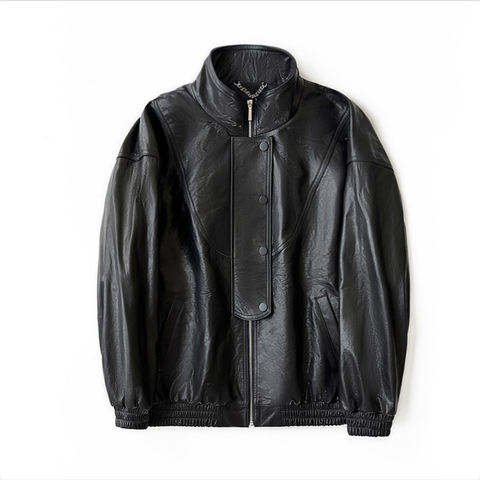 Women's genuine leather jacket - High Quality Bomber Cow Leather Jacket Vintage Mock Neck Z | Unidekuaidi