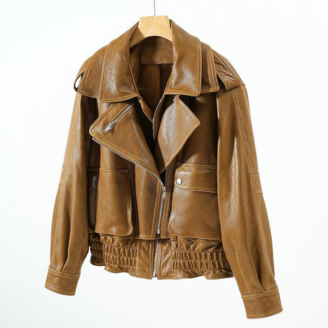 Women's genuine leather jacket - Retro Double Collar Sheepskin Lychee Patterned Foam Leathe | Unidekuaidi