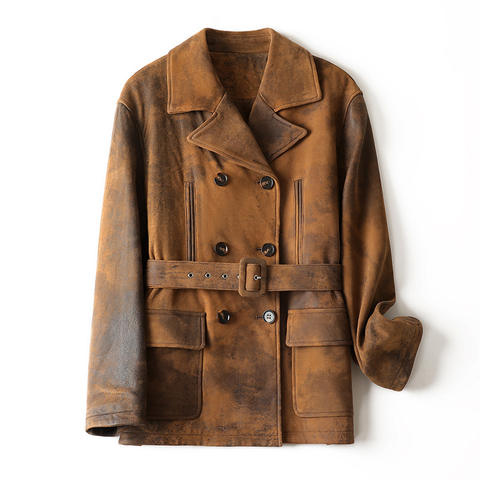 Women's genuine leather jacket - Women Fashion Streetwear Sheepskin Vintage Distressed Fros | Unidekuaidi