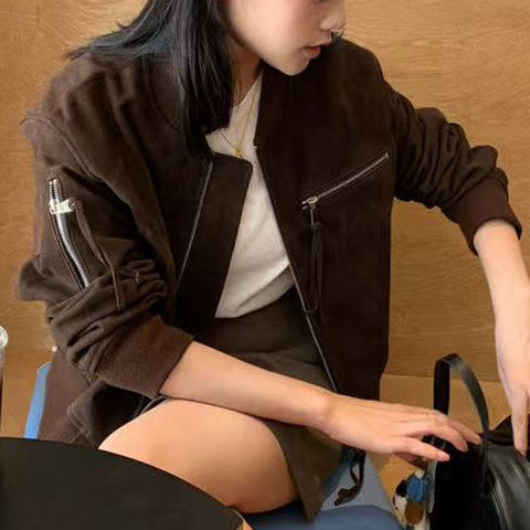 Women's genuine leather jacket - Fall Fashion Women Sheepskin Suede Zipper Casual Motorcycl | Unidekuaidi