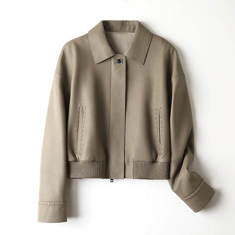 Women's genuine leather jacket - New Sheepskin Heavy-duty Woven Lychee Pattern Buckle Zippe | Unidekuaidi