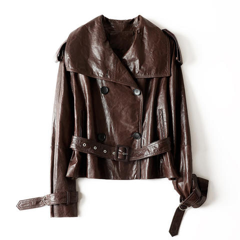Women's genuine leather jacket - Autumn and Winter New Sheepskin Double Breasted Lace up Sh | Unidekuaidi